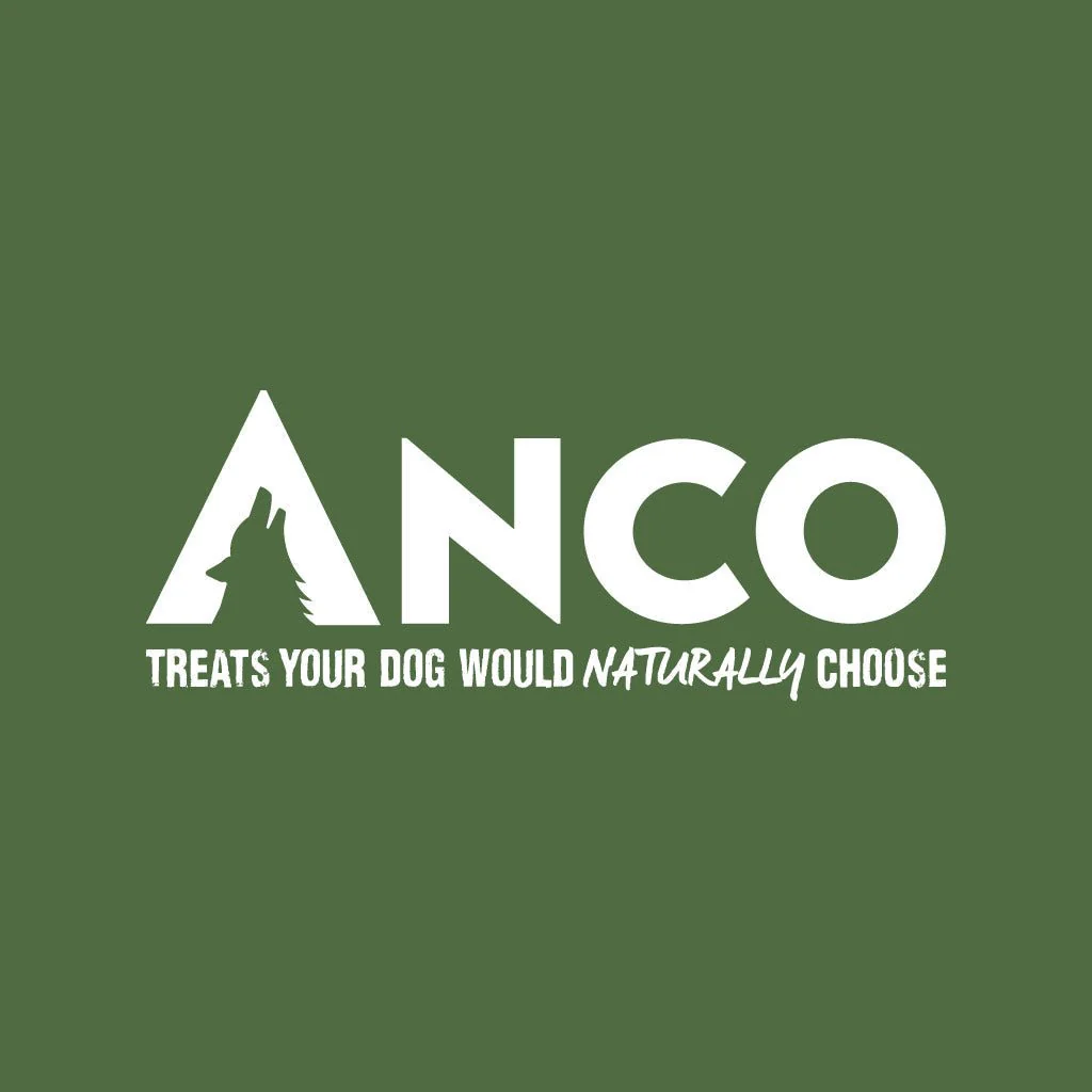 Anco dog treats logo with white text on a green background