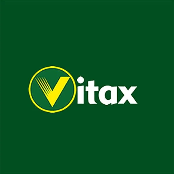 Vitax logo in white and yellow on a green background