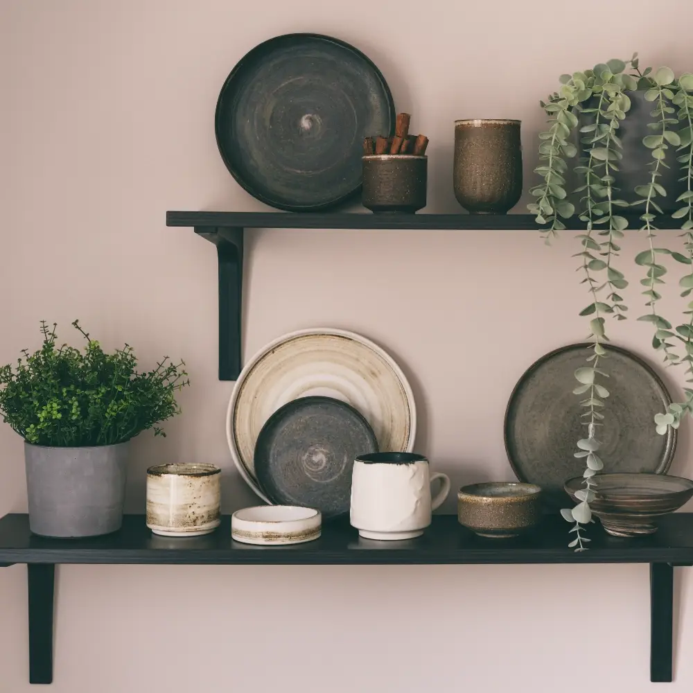 Decorative plates, ceramic pots and trailing houseplants arranged on black wall shelves.